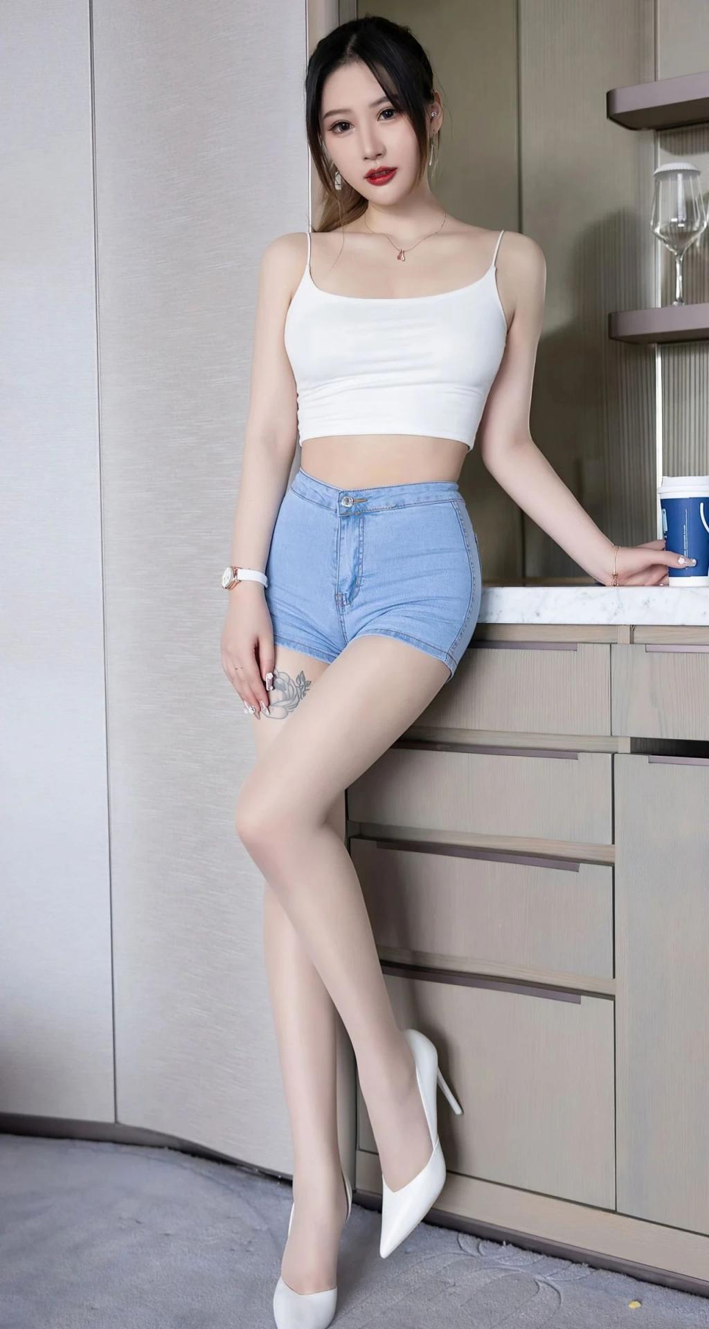 吊带衫牛仔裙，曲线婀娜