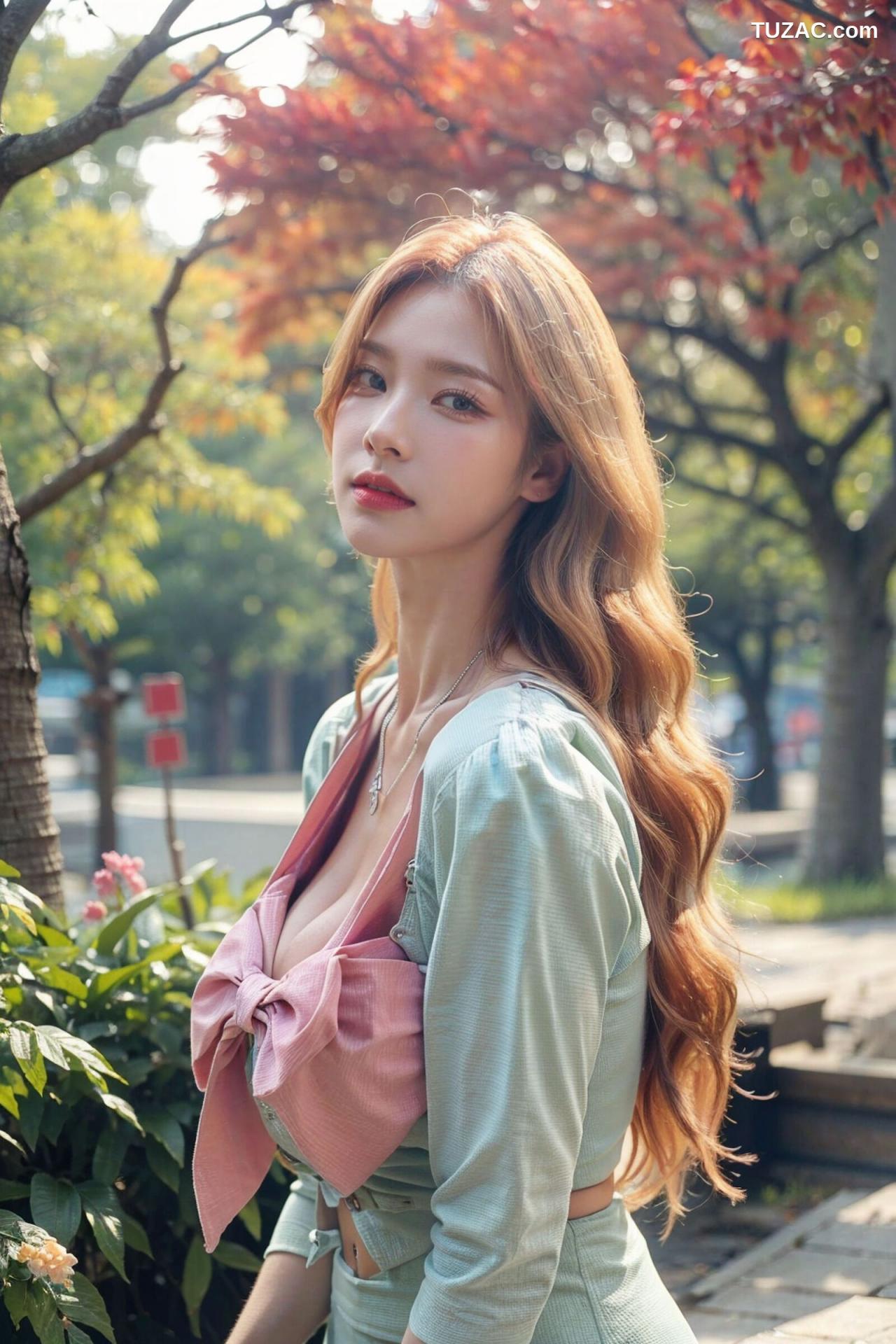 AI美女-拟实-花园中的绿裙美女