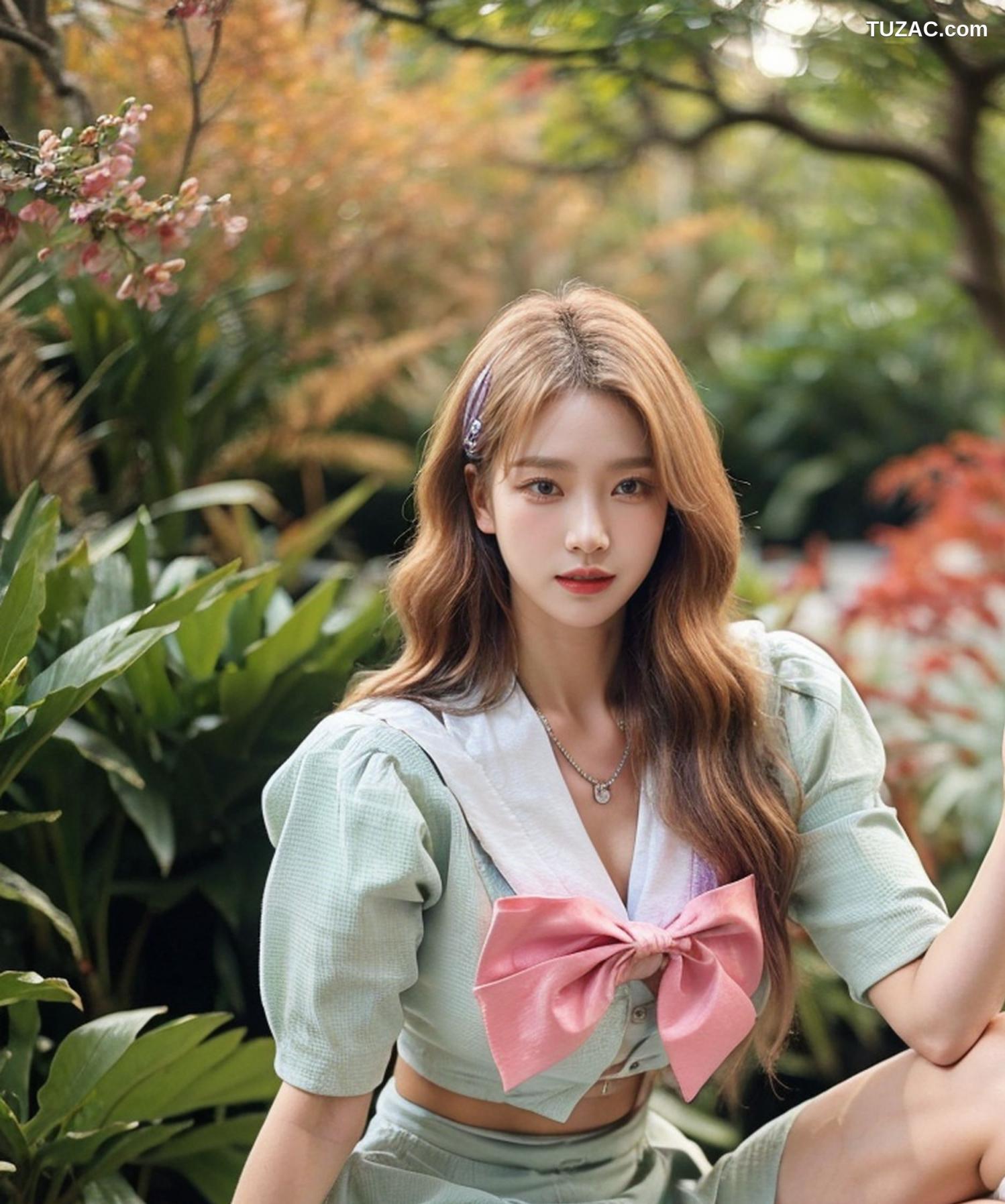 AI美女-拟实-花园中的绿裙美女