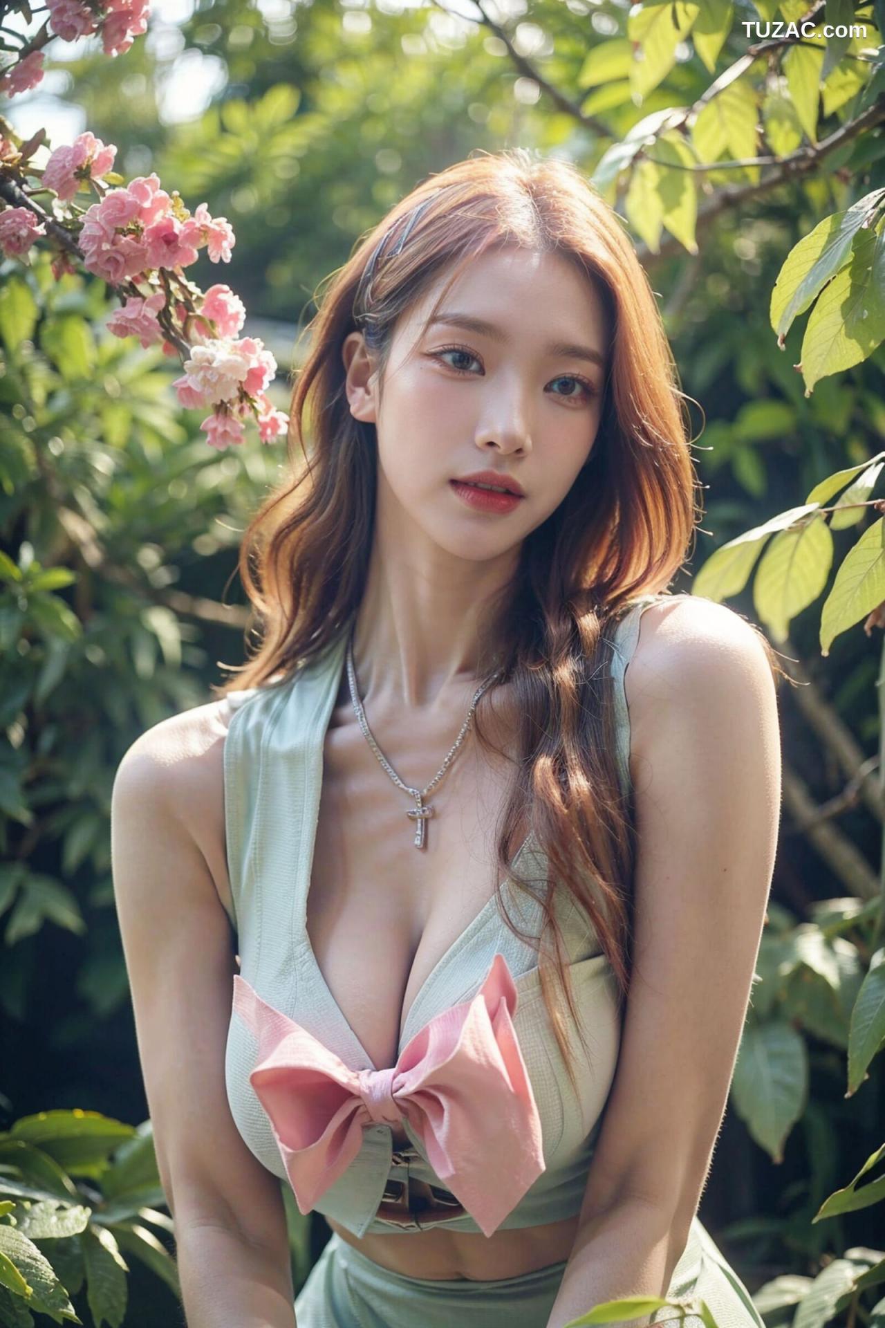 AI美女-拟实-花园中的绿裙美女