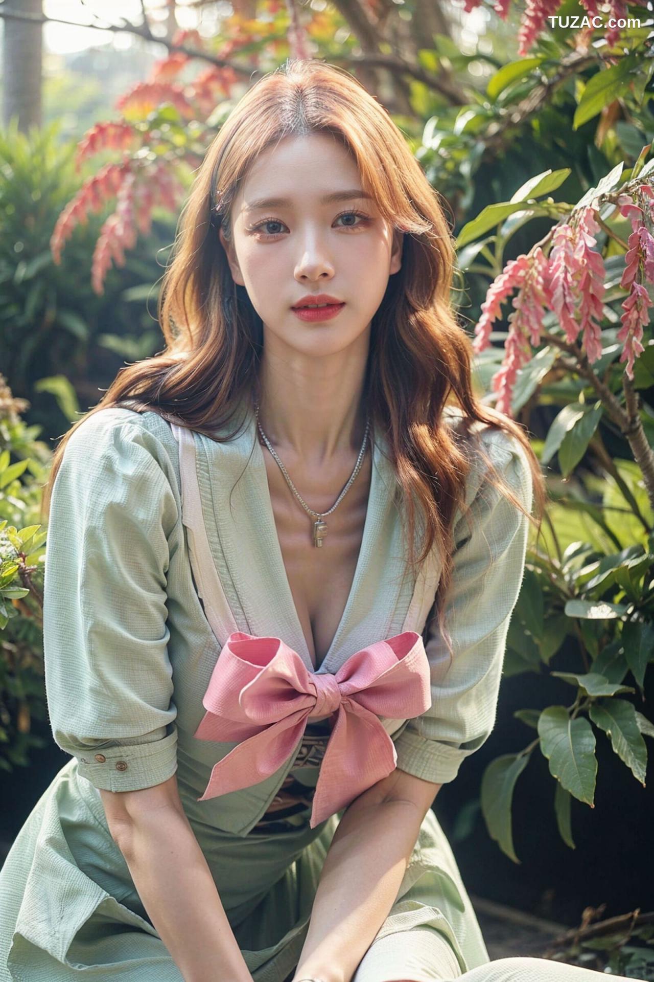 AI美女-拟实-花园中的绿裙美女