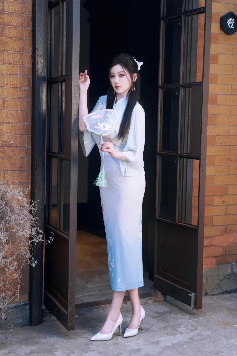 杨晨晨sugar 古典l蓝纱旗袍